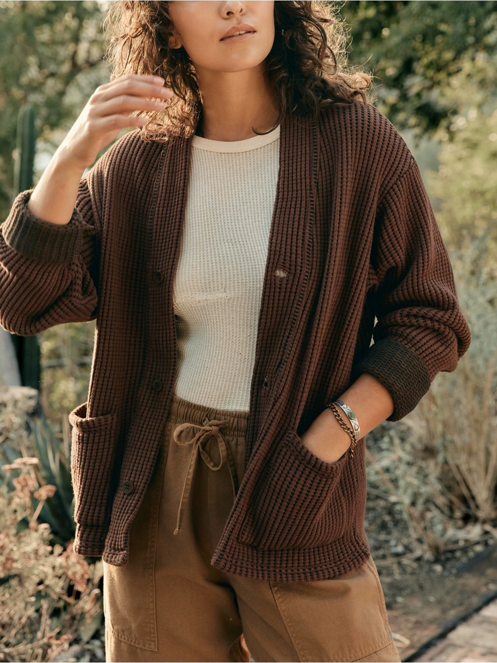 Folk brown waffle cardigan knit